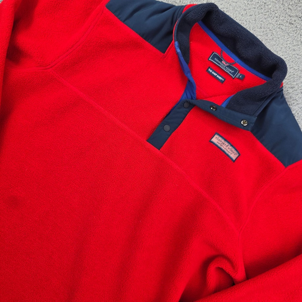 Vineyard Vines Shep Shirt Fleece Pullover Mens Large Red Navy Blue Snap Mock